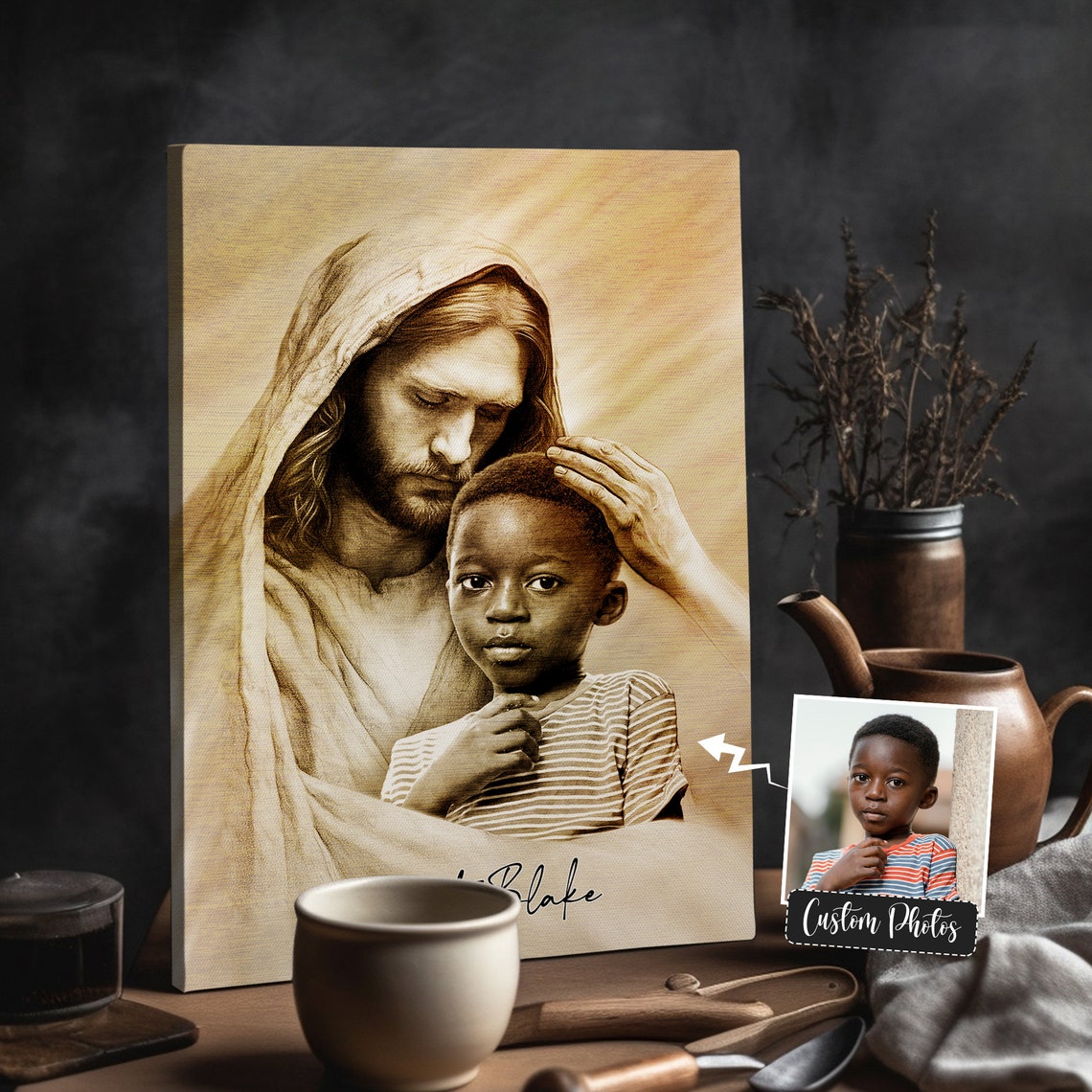 Jesus Embracing a Young Boy Sepia Pencil Personalized Memorial Poster - Image 5
