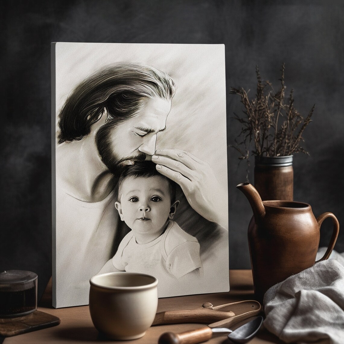 Personalized Jesus Holding Baby Your Child Safe In The Arms Of God Wall Art Child And God Pencil Hand Drawing Christ And Baby - Image 3