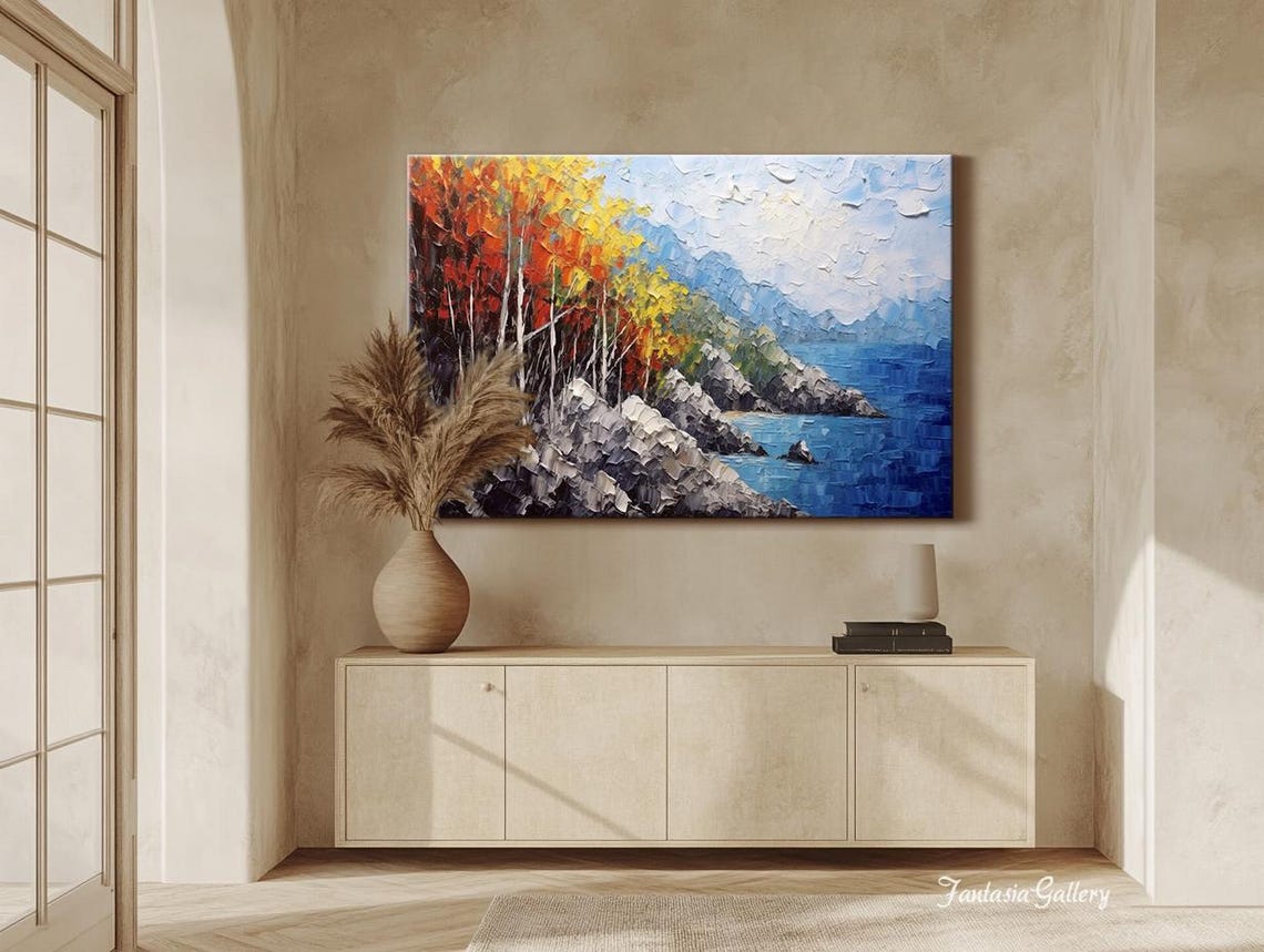 Autumn Birch Forest On Rocky Coastline With Blue Sea Wall Art - Image 3