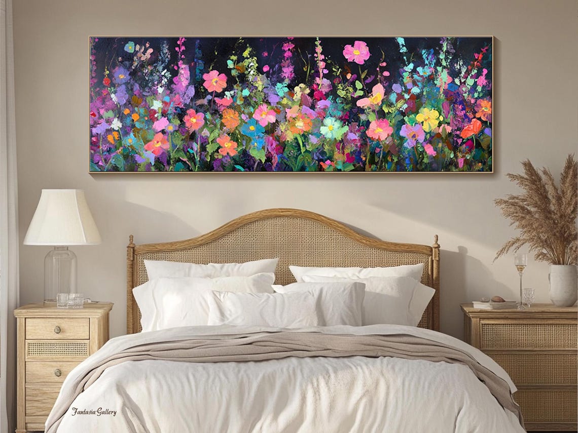 Extra Large Colorful Wildflower Meadow At Night Panoramic Wall Art - Image 2