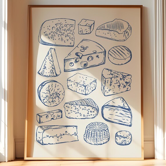 Cheese Illustration Print Handdrawn Navy Blue Poster Vintage Kitchen Wall Art Bistro Dining Room Decor Mediterranean Printable