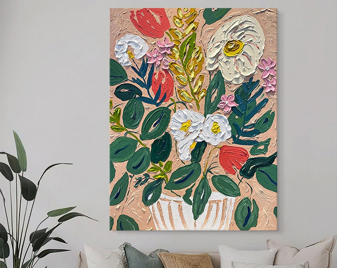 White And Coral Flower Bouquet Vase With Green Leaves Art Poster