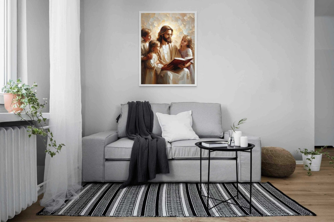Jesus Reading Book To Three Children In Warm Impasto Painting Poster - Image 5