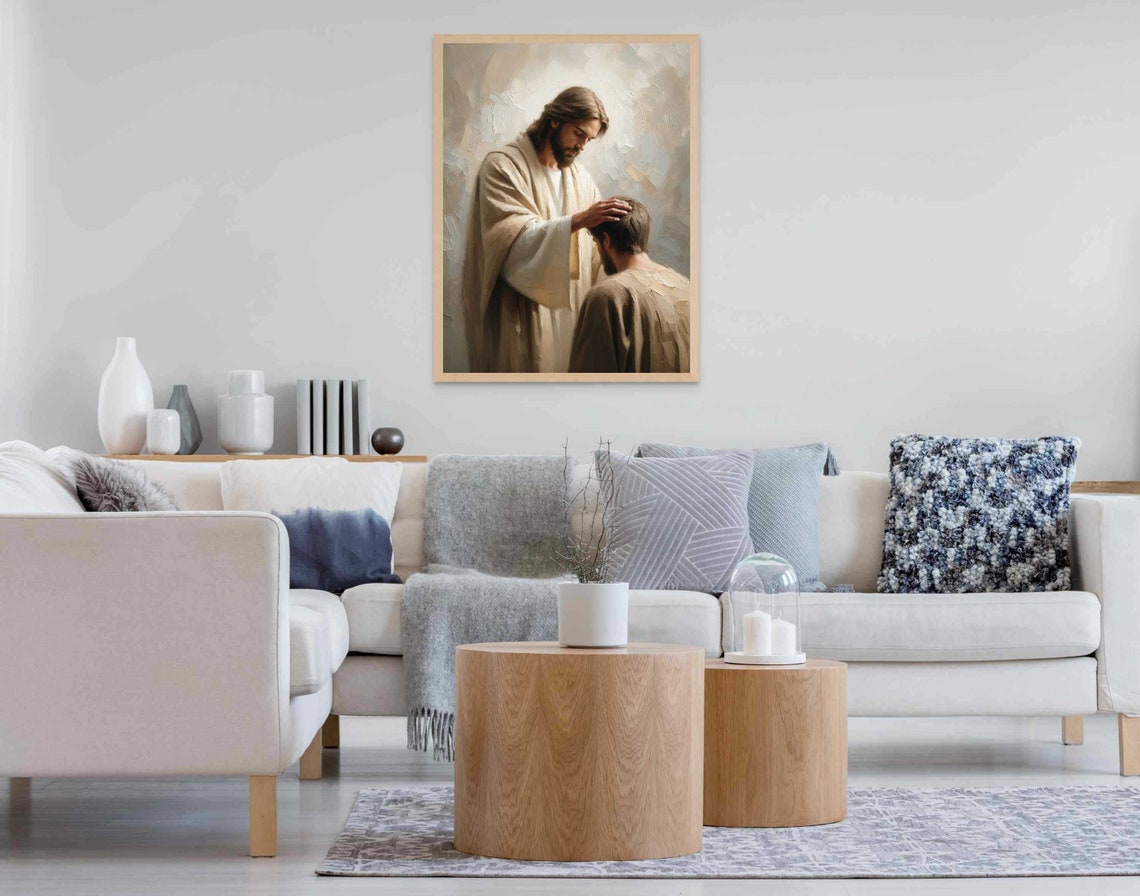 Jesus Laying Hand On Kneeling Man's Head In Blessing Christian Poster - Image 6