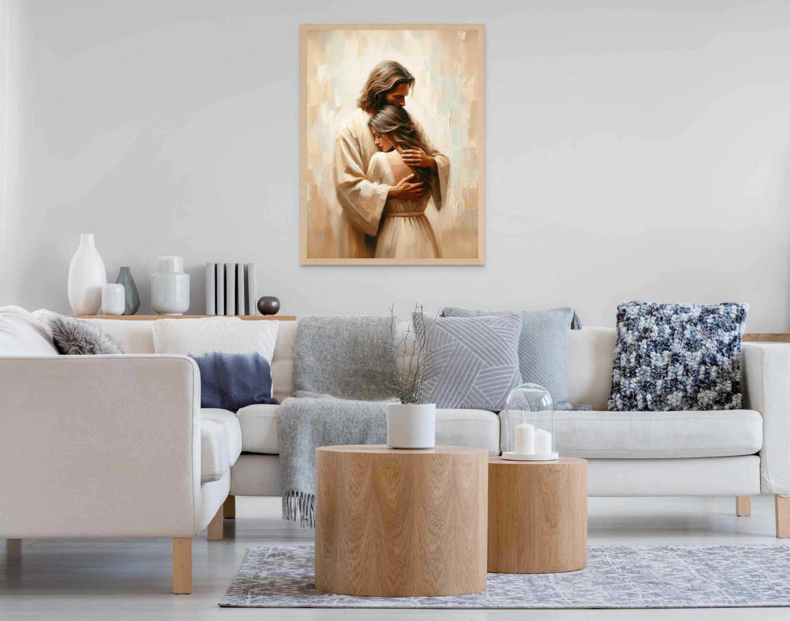 Jesus Embracing Woman In Cream Dress Soft Neutral Light Art Poster - Image 7