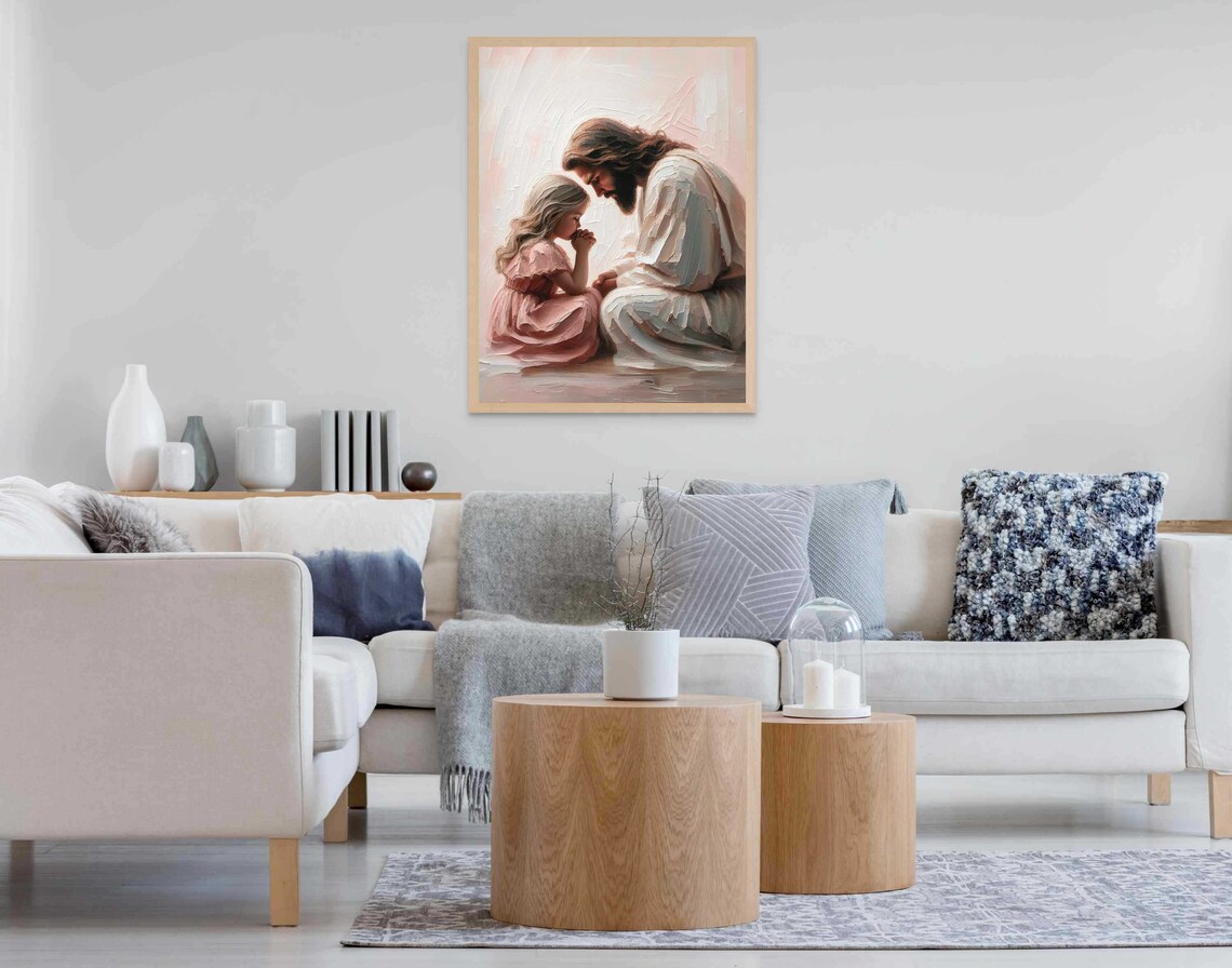 Jesus Praying With Little Girl In Pink Dress Soft Impasto Art Poster - Image 7