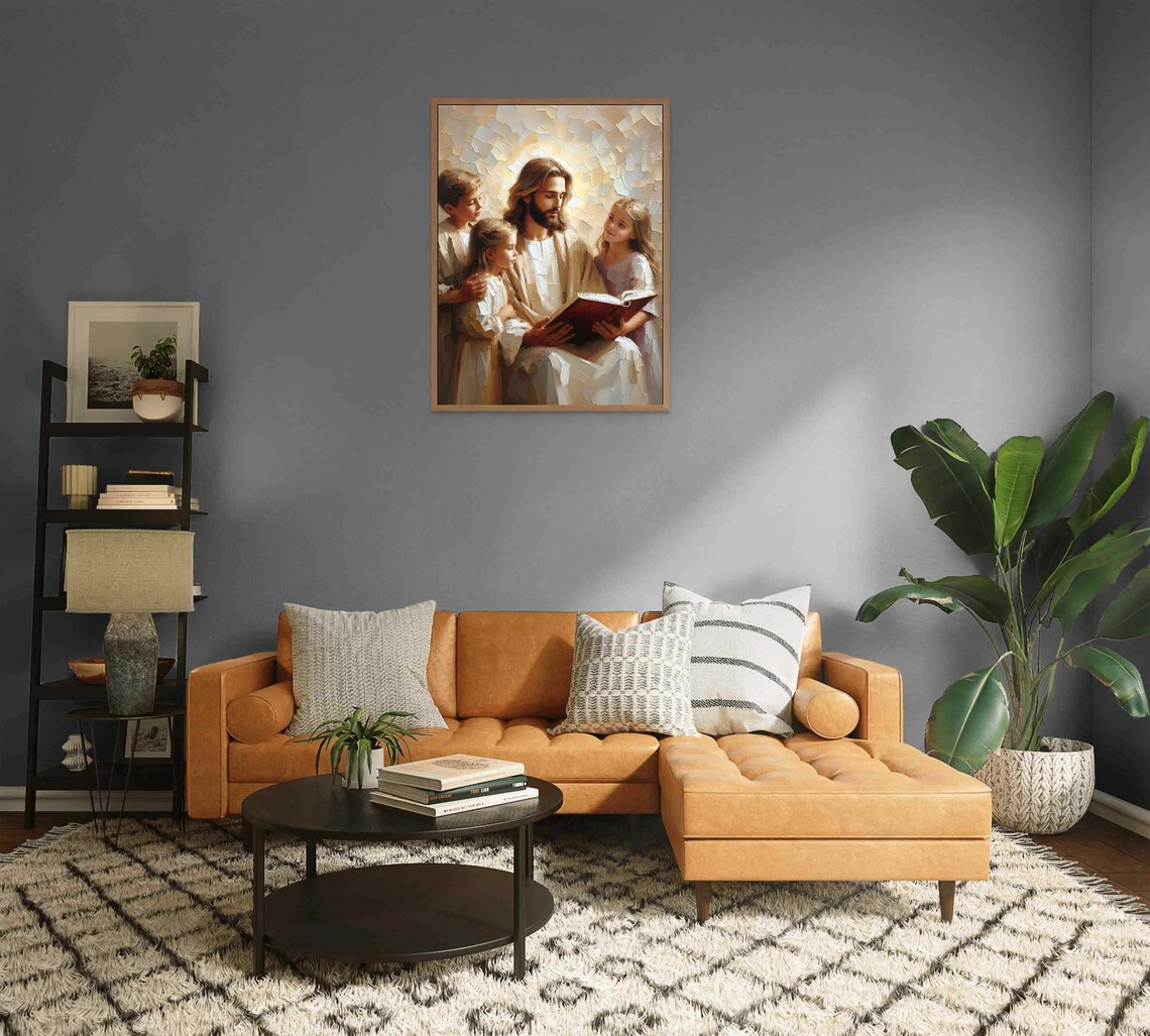 Jesus Reading Book To Three Children In Warm Impasto Painting Poster - Image 2