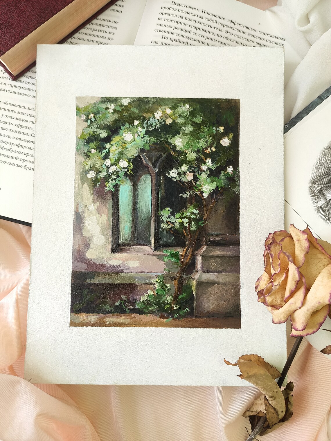 Old Gothic Window Overgrown with White Roses Moody Art Poster - Image 2