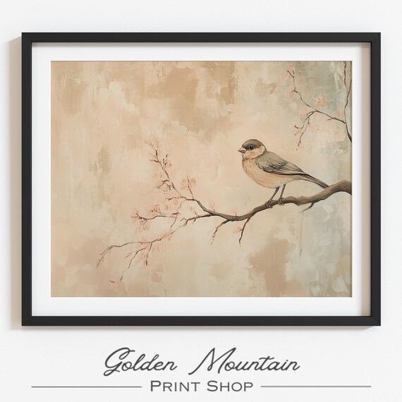 Neutral Vintage Bird On Blossom Branch Minimalist Nature Poster