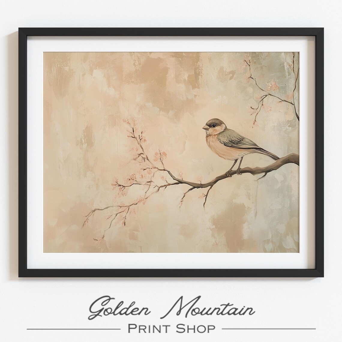 Neutral Vintage Bird On Blossom Branch Minimalist Nature Poster