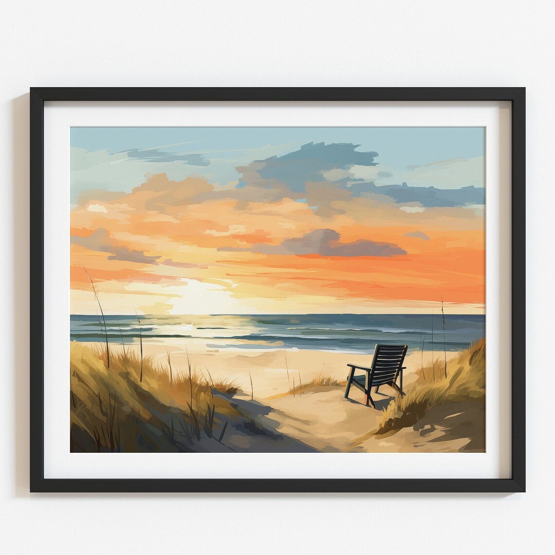 Beach Sunset With Lone Chair On Sandy Dunes Coastal Wall Art