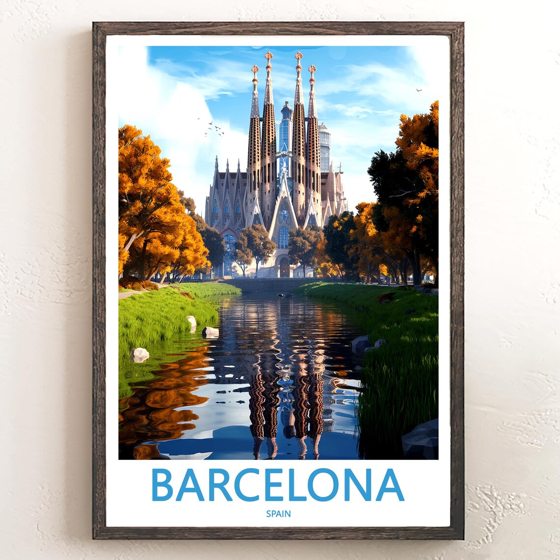 Barcelona Sagrada Família Anime River Reflection Golden Art Poster