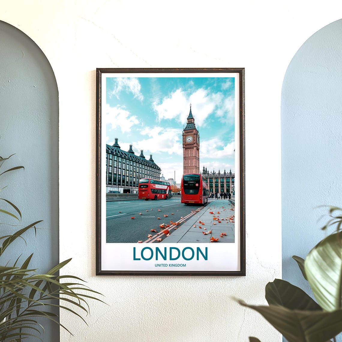 Big Ben and Two Red Double Decker Buses on an Autumn Photo Poster - Image 3
