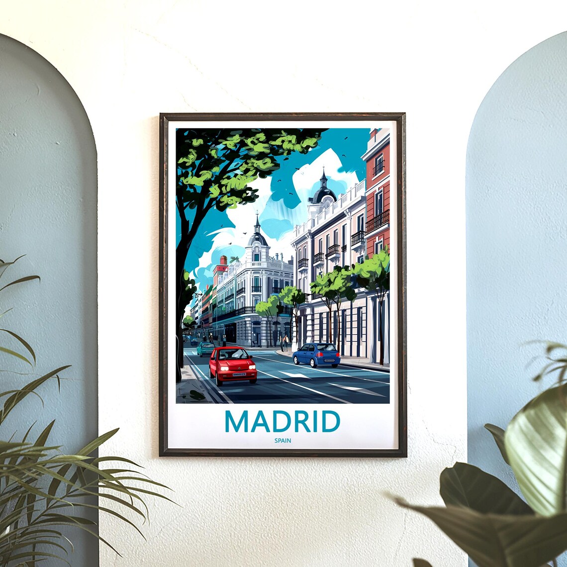 Madrid Sunlit Street Red Blue Classic Cars Illustration Poster - Image 3