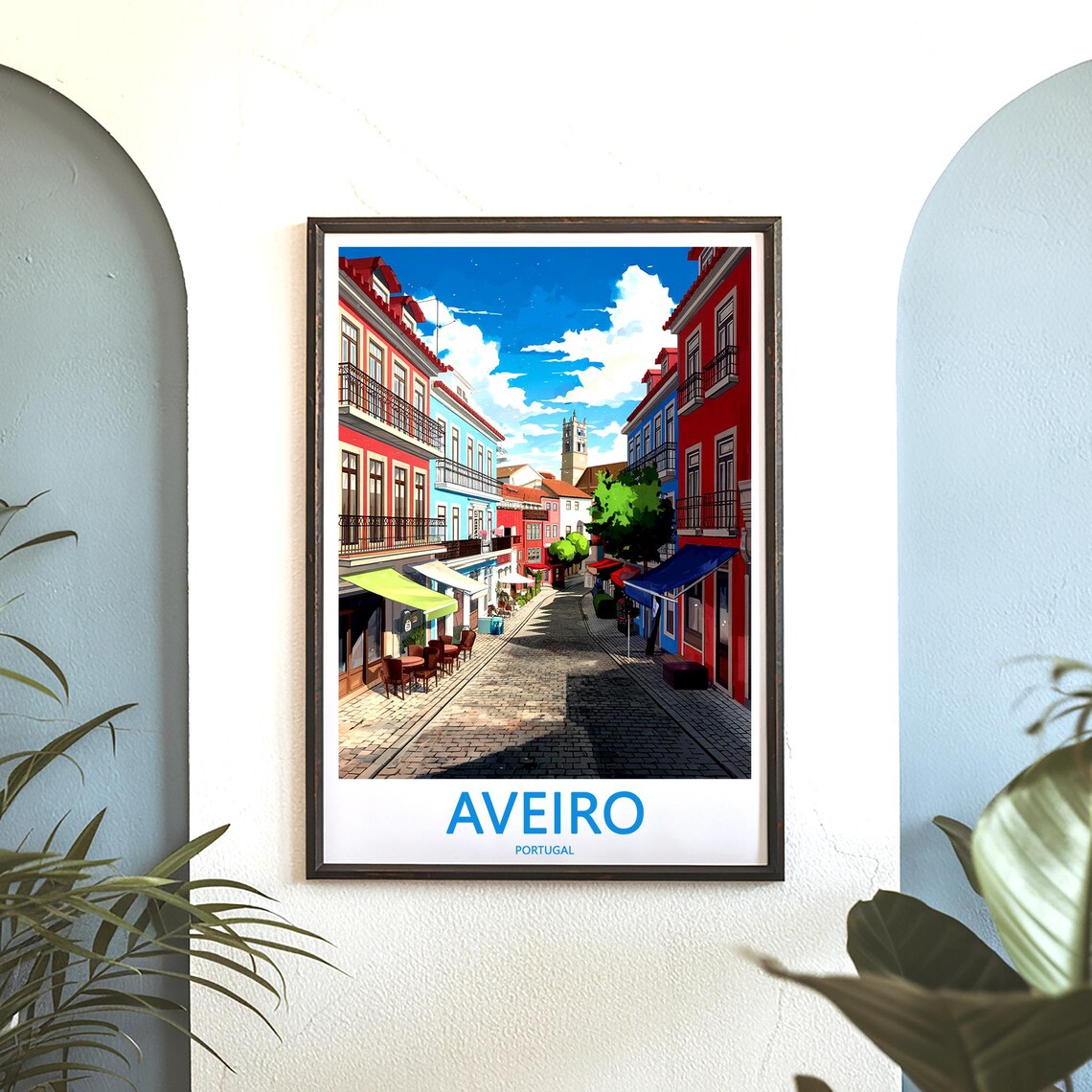 Aveiro Portugal Old Town Cobblestone Street Cafés Travel Poster - Image 3