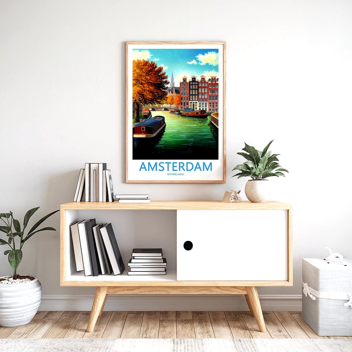 Amsterdam Autumn Emerald Canal Houseboats Illustrated Poster - Image 2