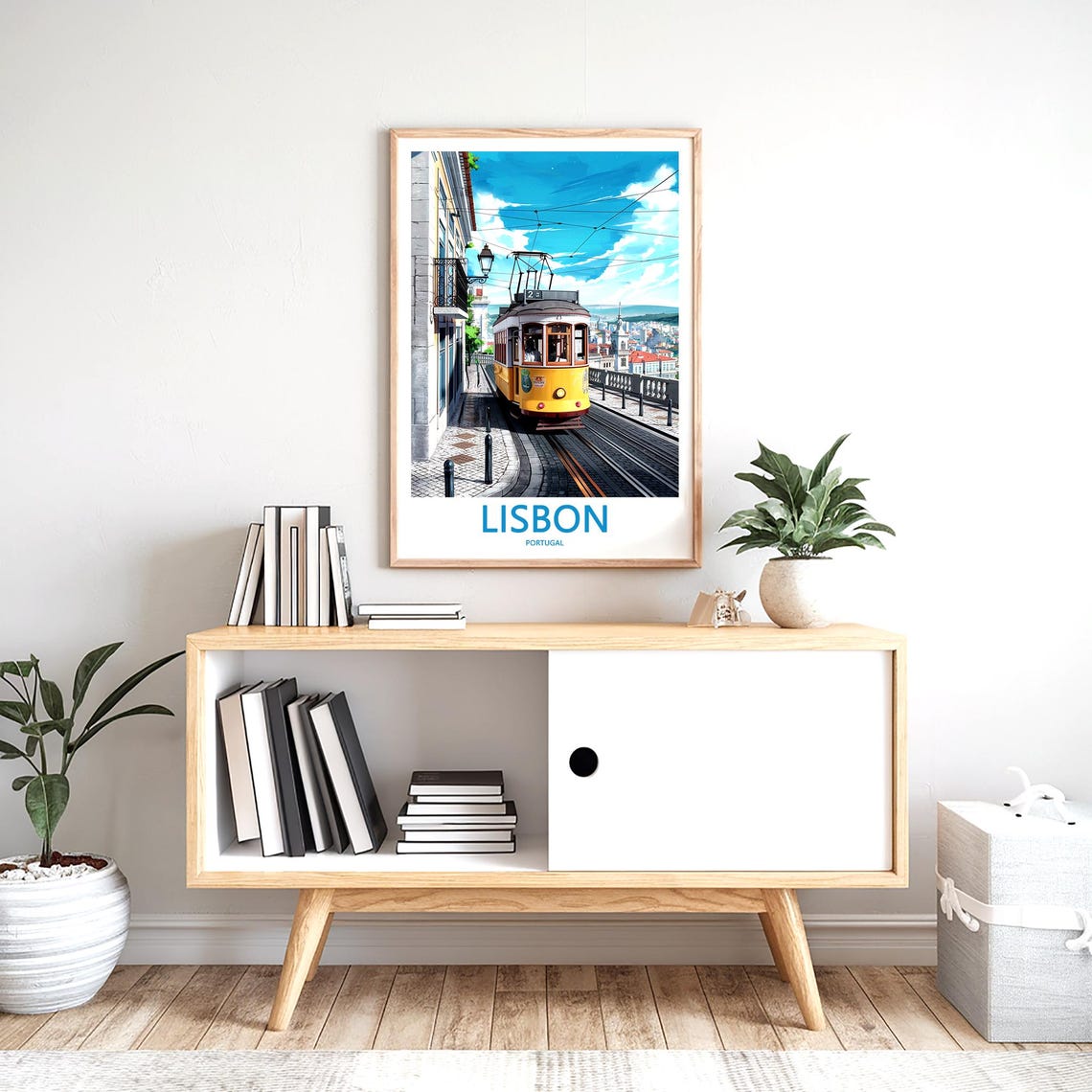 Lisbon Yellow Tram 23 Climbing a Hill Past Church Towers Poster - Image 2