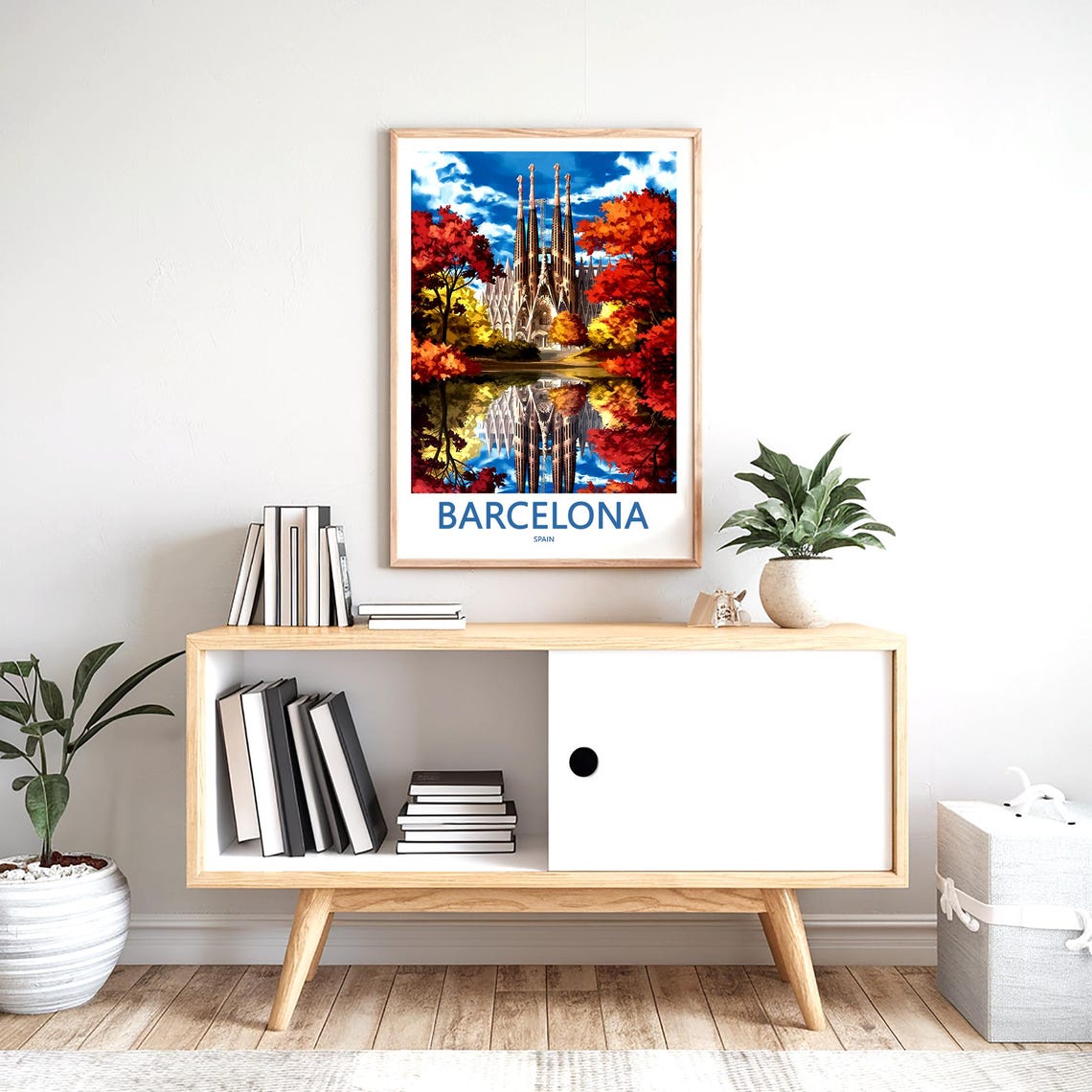 Barcelona Sagrada Família Painted Fall Reflection Scene Poster - Image 2