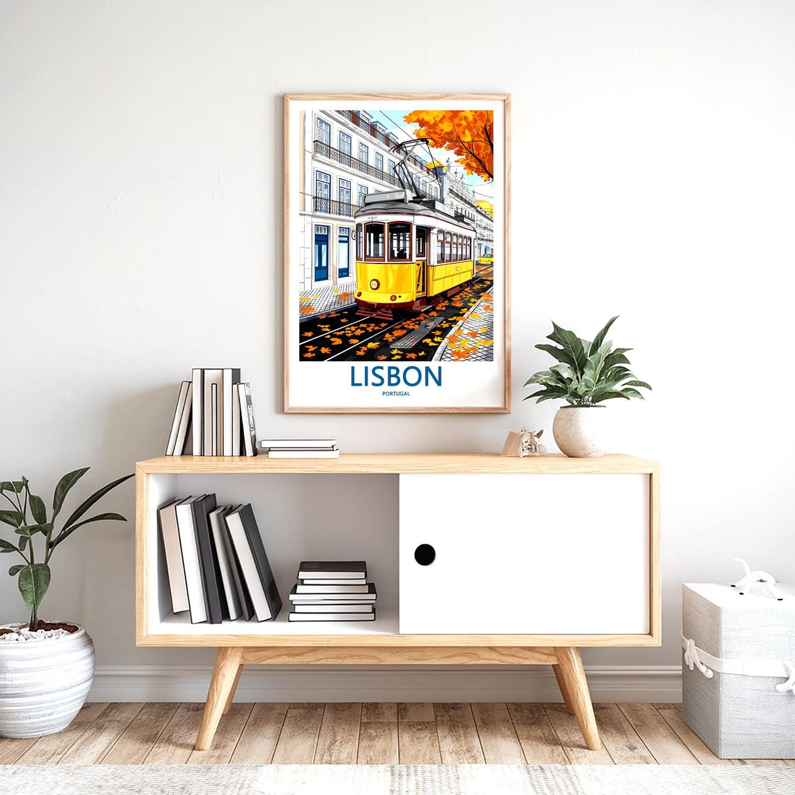 Lisbon Yellow Tram Illustrated in Autumn by a White Building Poster - Image 2