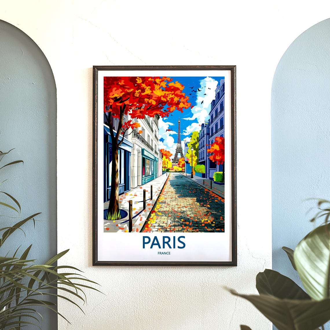 Eiffel Tower Beyond Autumn Trees on a Cobblestone Paris Street Poster - Image 3