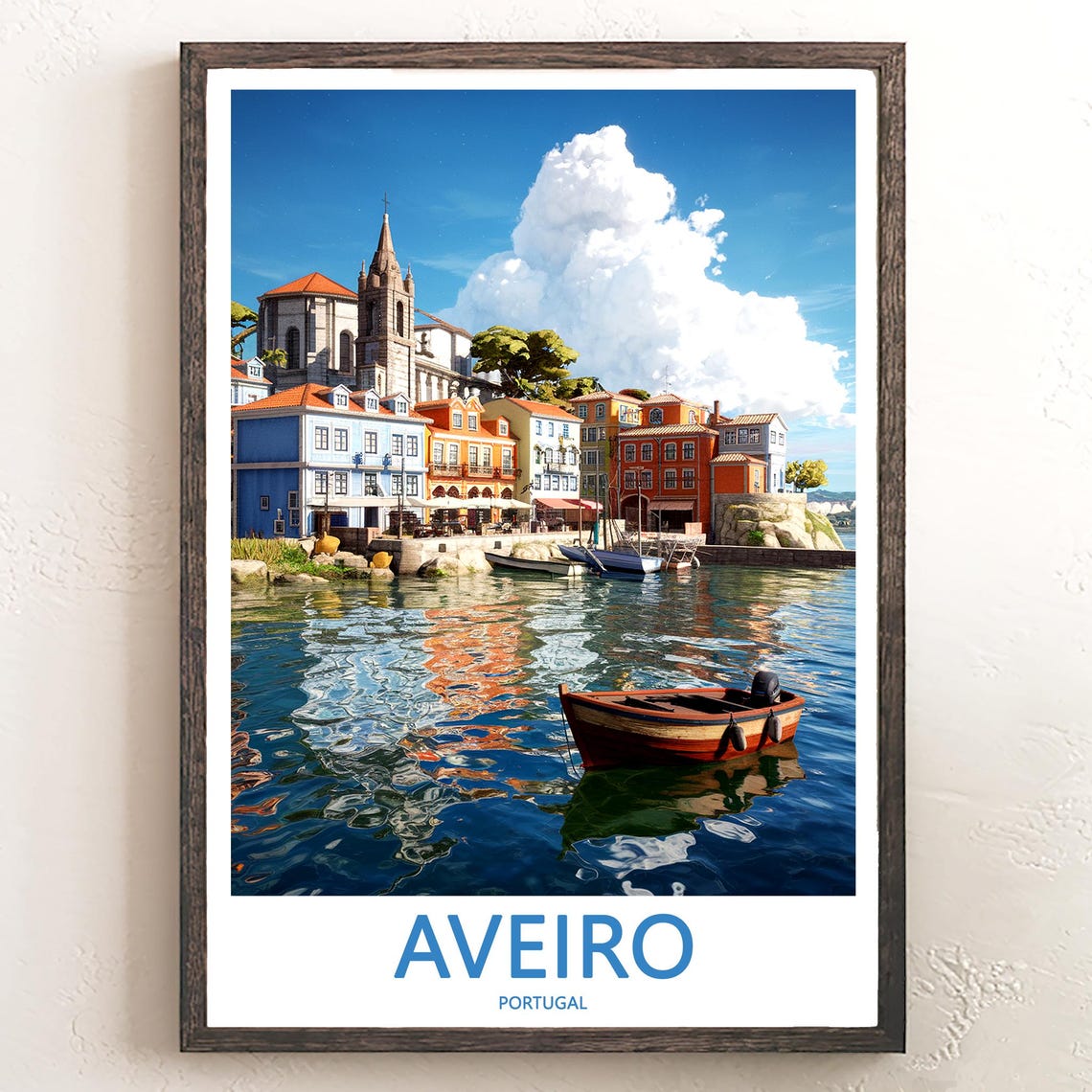 Aveiro Waterfront Church Bell Tower and Red Boat Travel Poster