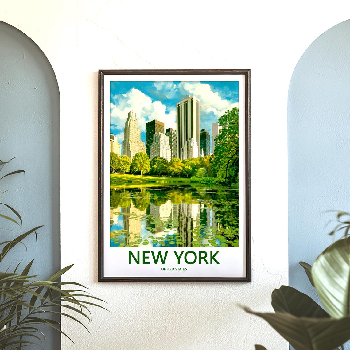 New York Central Park Pond Reflection Skyline Green Travel Poster - Image 3