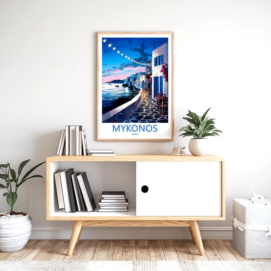 Mykonos Harbor String Lights At Dusk Greece Evening Art Poster - Image 2