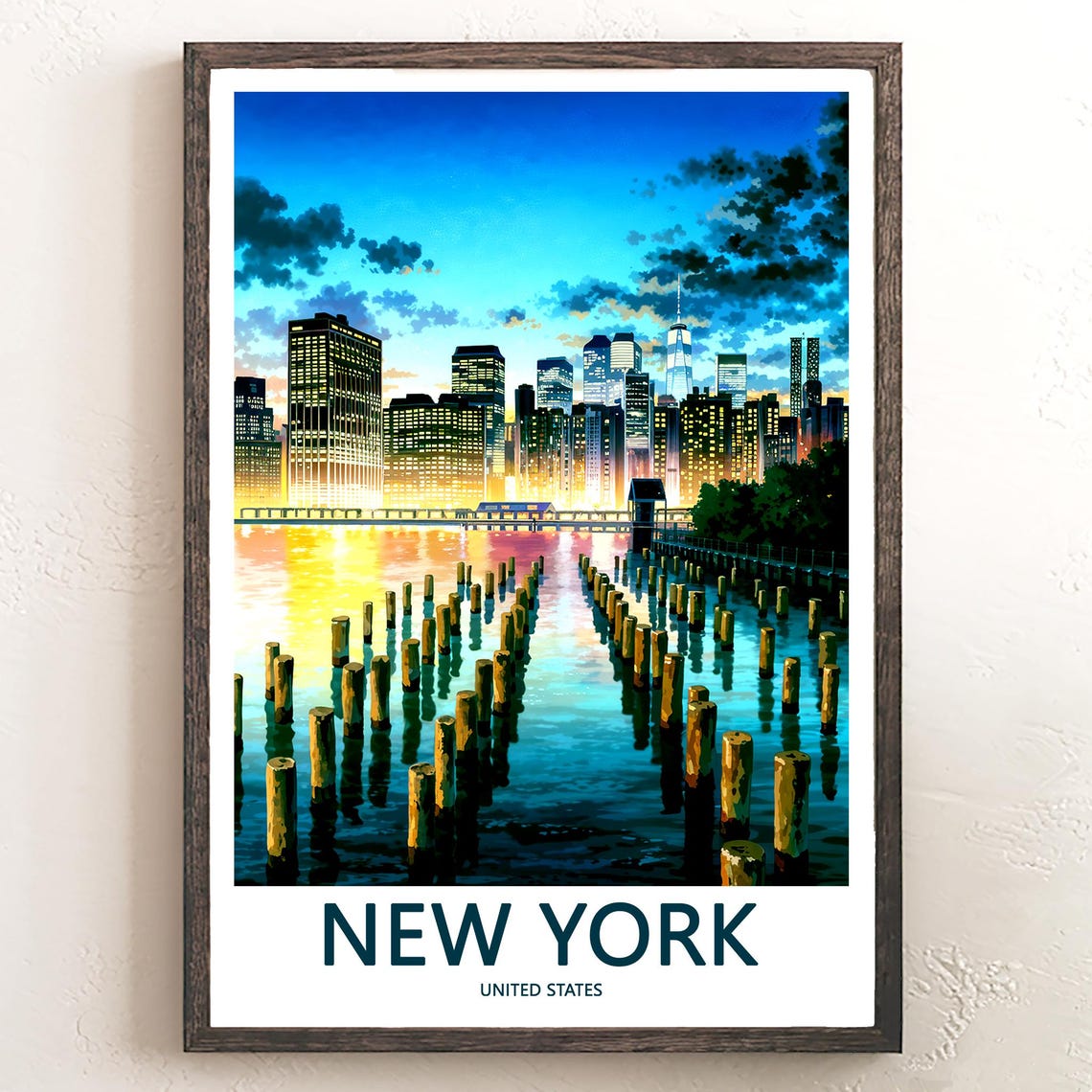 New York Manhattan Blue Hour Skyline Pier Lights Water Poster