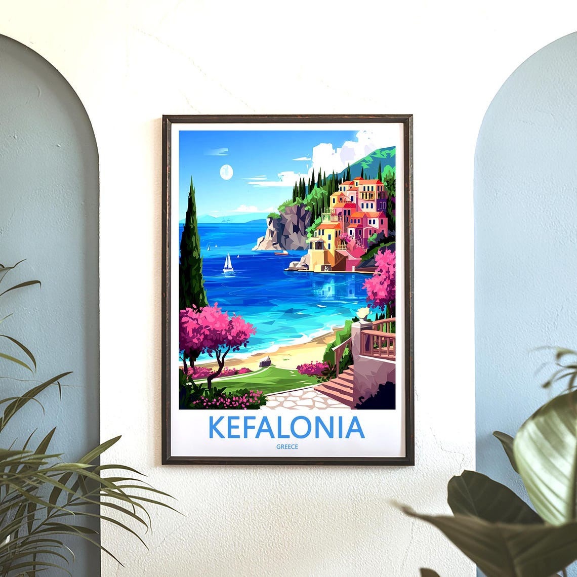 Kefalonia Greece Cliffside Village Sailboats Bay View Poster - Image 3
