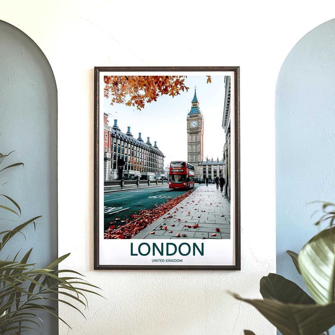 Big Ben Red Double Decker Bus Autumn Leaves Street Photo Poster - Image 3