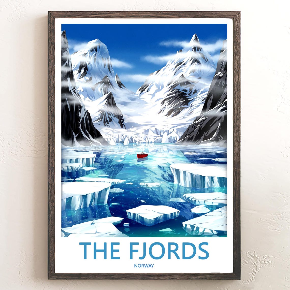 The Fjords Norway Glacier Illustration Ice Floes Red Boat Poster