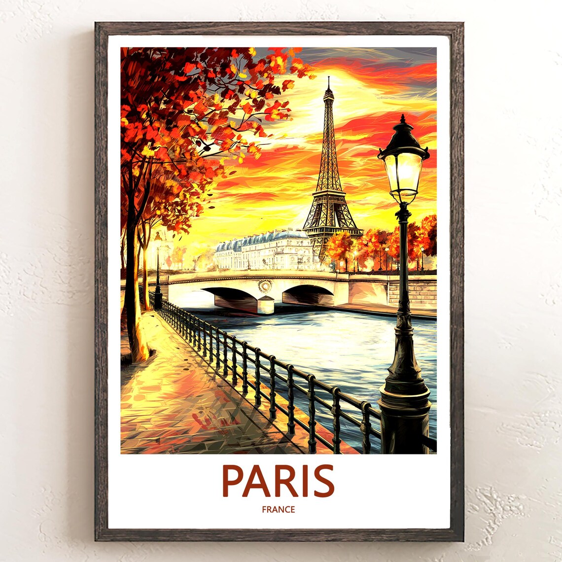 Eiffel Tower Silhouetted in Fiery Autumn Sunset Over the Seine Poster
