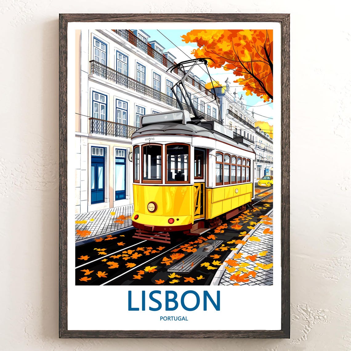 Lisbon Yellow Tram Illustrated in Autumn by a White Building Poster