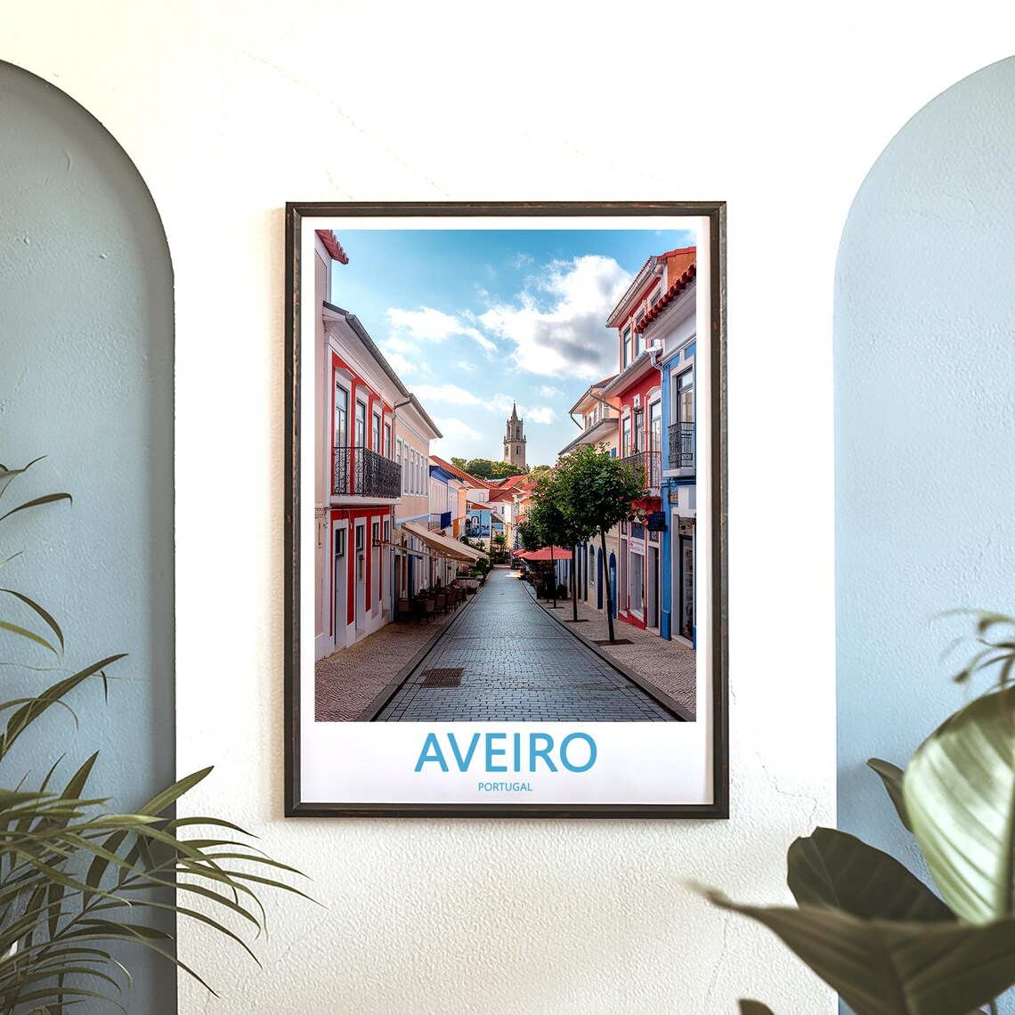 Aveiro Portugal Cobblestone Street Church Tower Cafés Travel Poster - Image 3