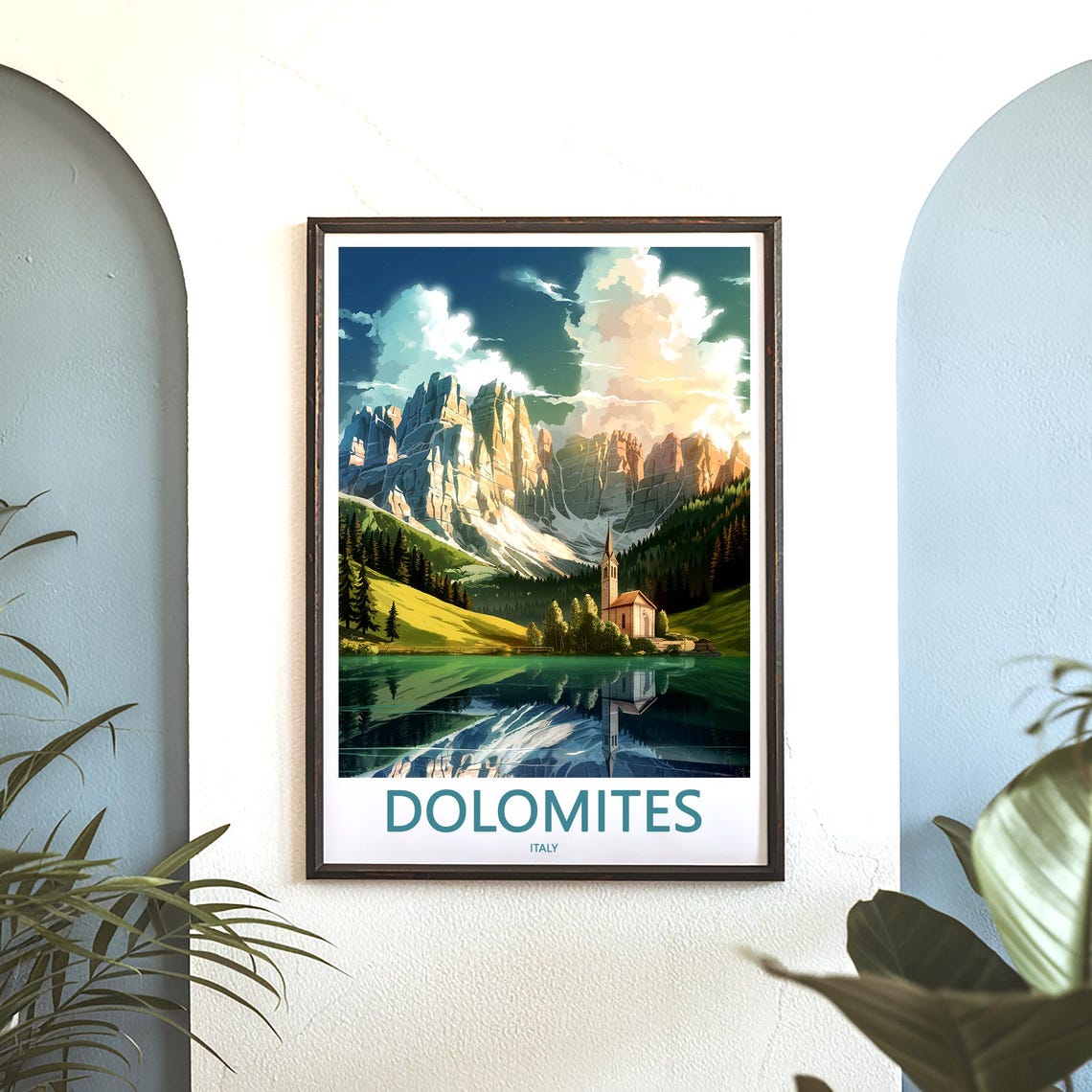 Dolomites Italy Church Lake Mirror Reflection Sunset Travel Poster - Image 3