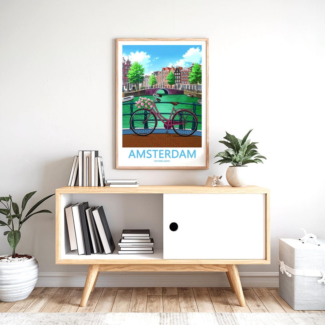 Amsterdam Pink Bicycle Roses Bridge Canal Illustration Poster - Image 2