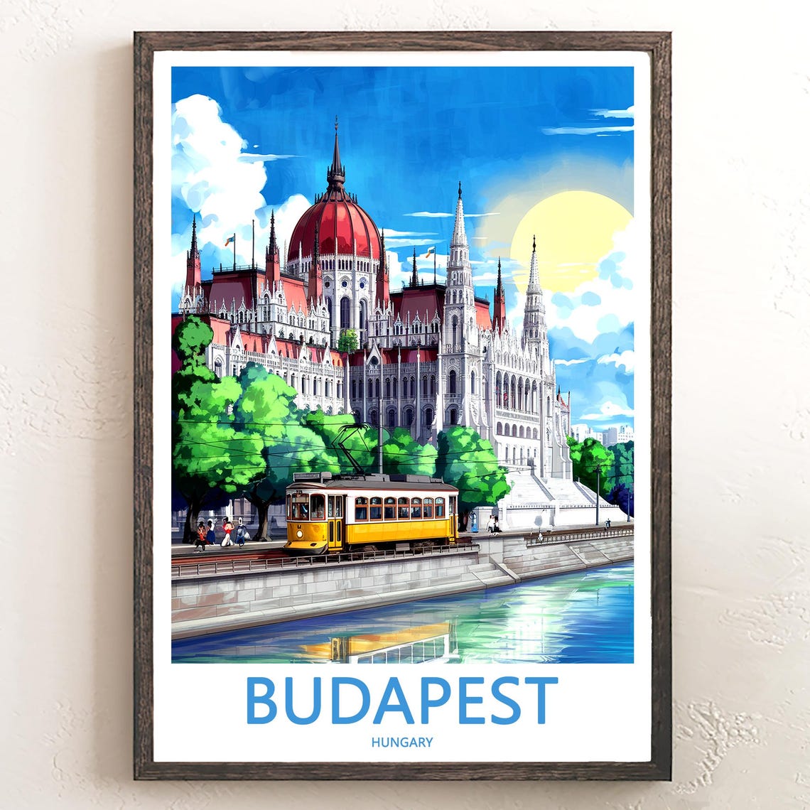 Budapest Hungary Sunny Yellow Tram in Front of Parliament Poster