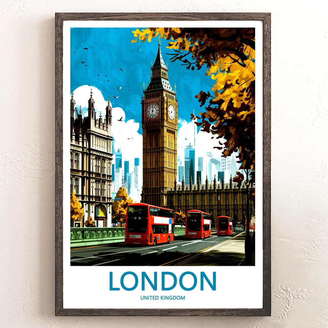 London Big Ben Westminster Bridge Fall Foliage Buses Day Poster