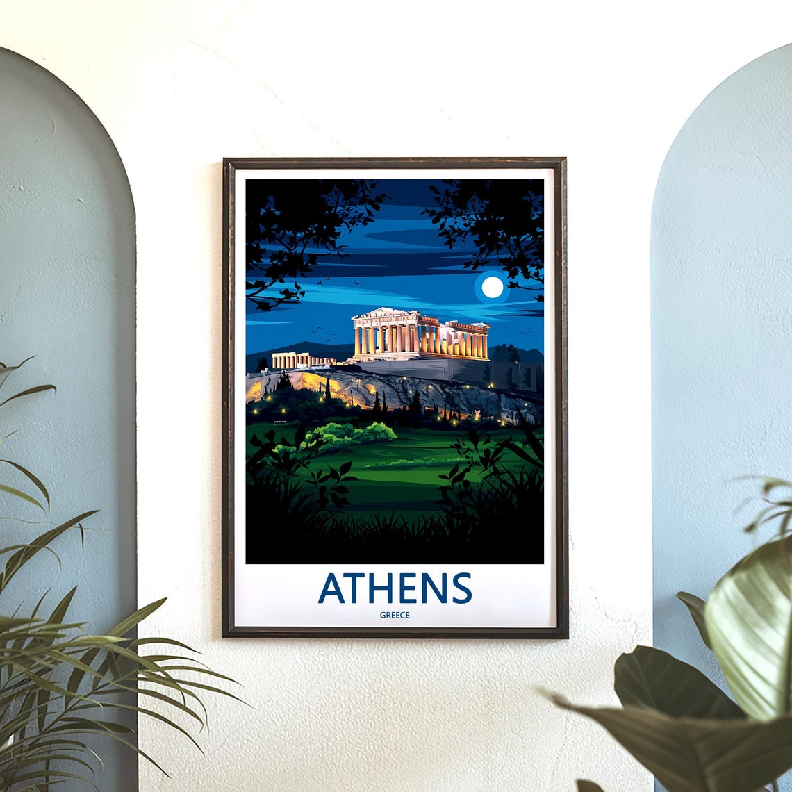 Athens Acropolis Moonlit Night Lit Parthenon Illustration Poster - Image 3