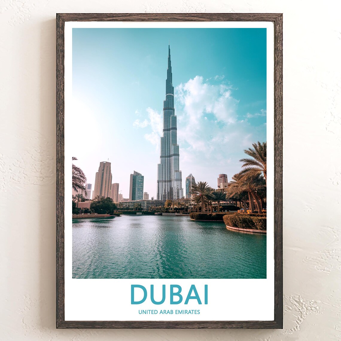 Dubai Burj Khalifa Teal Daytime Sky Over Lake Photo Travel Poster