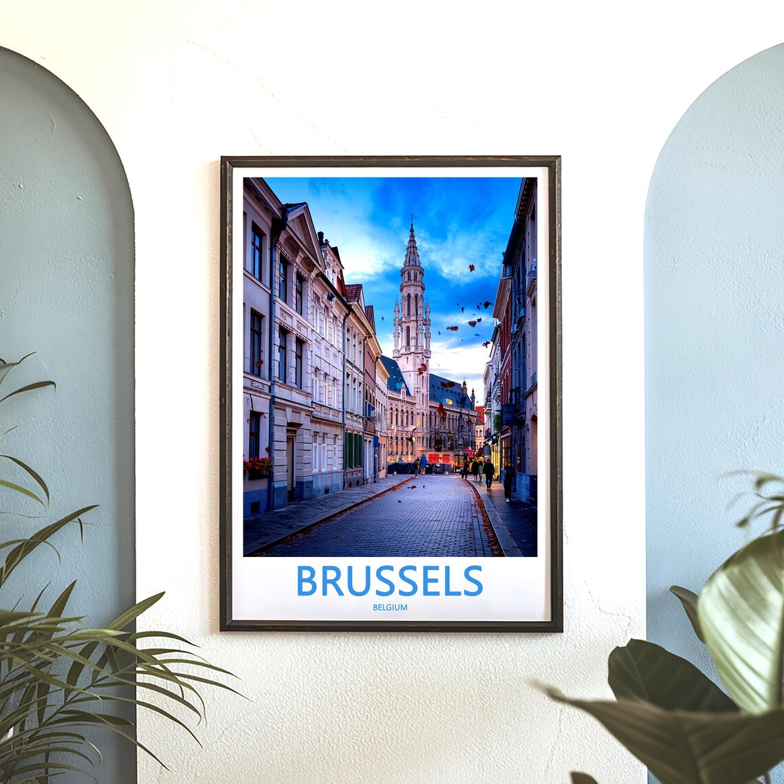 Brussels Old Town Evening Street View Town Hall Tower Travel Poster - Image 3