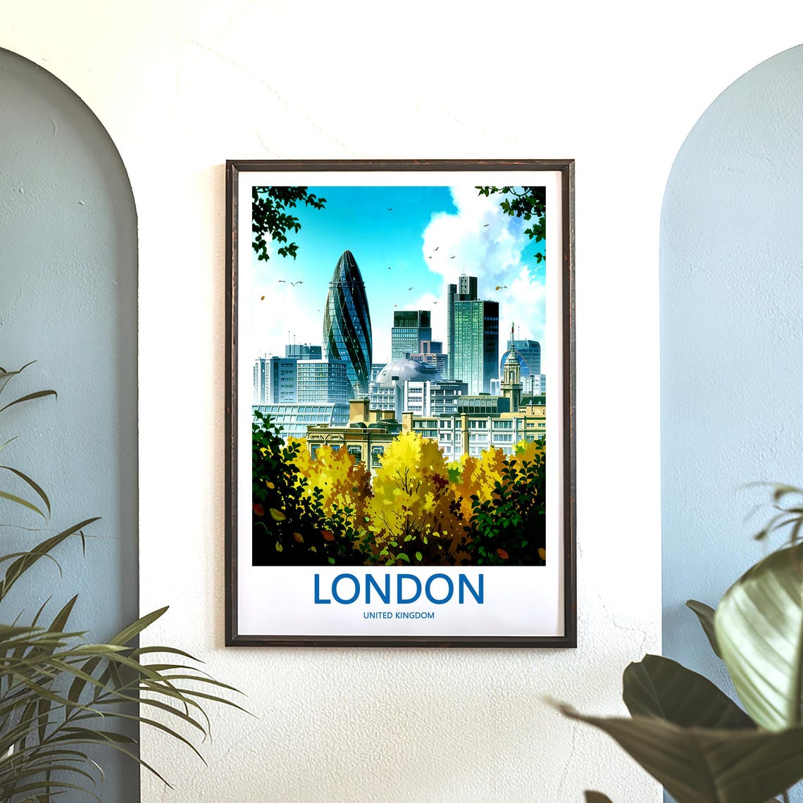 London City Skyline Gherkin Autumn Anime Illustration Poster - Image 3