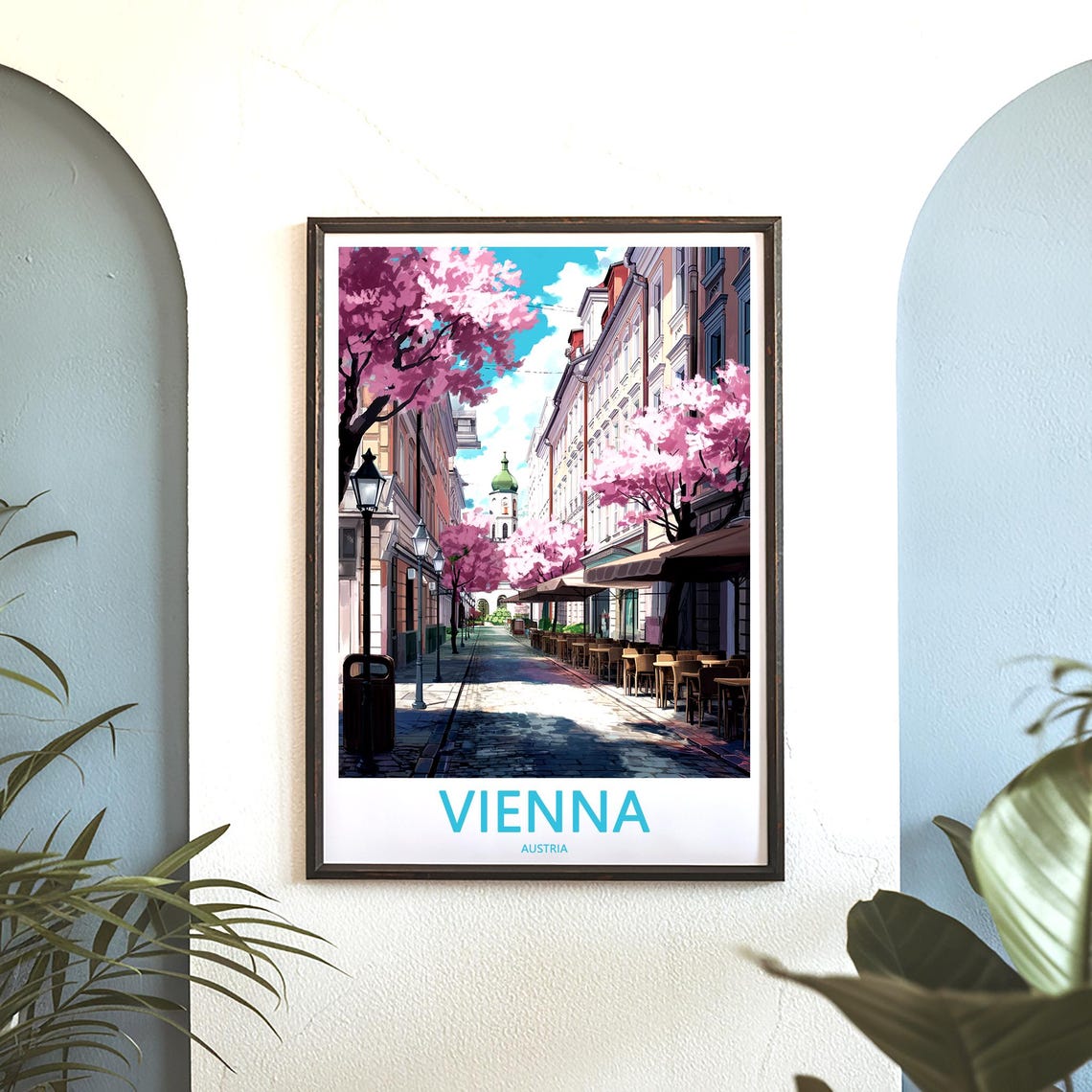 Vienna Cherry Blossom Street with Cafe Terraces Austria Travel Poster - Image 3