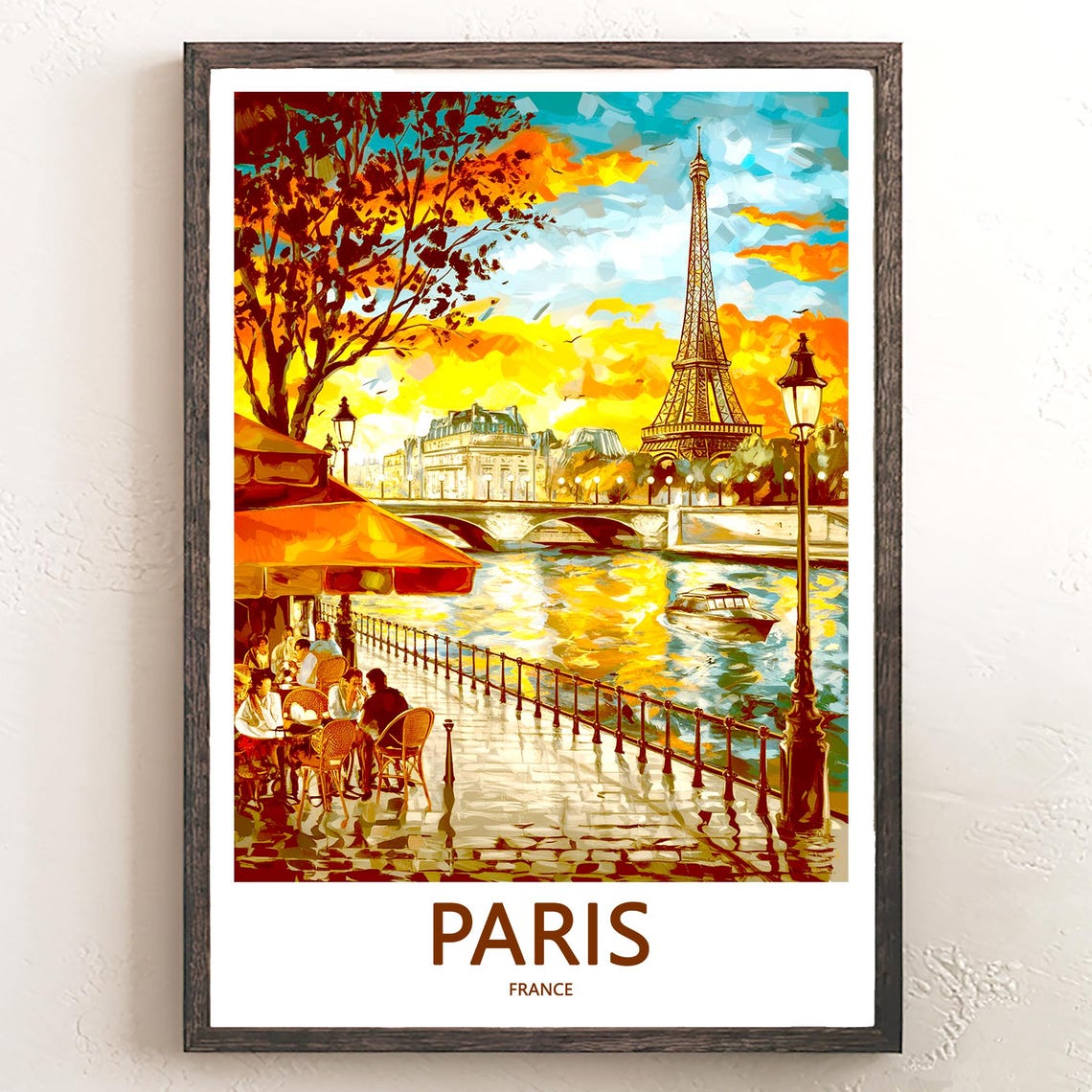Painterly Sunset Cafe on the Seine Quay Below the Eiffel Tower Poster