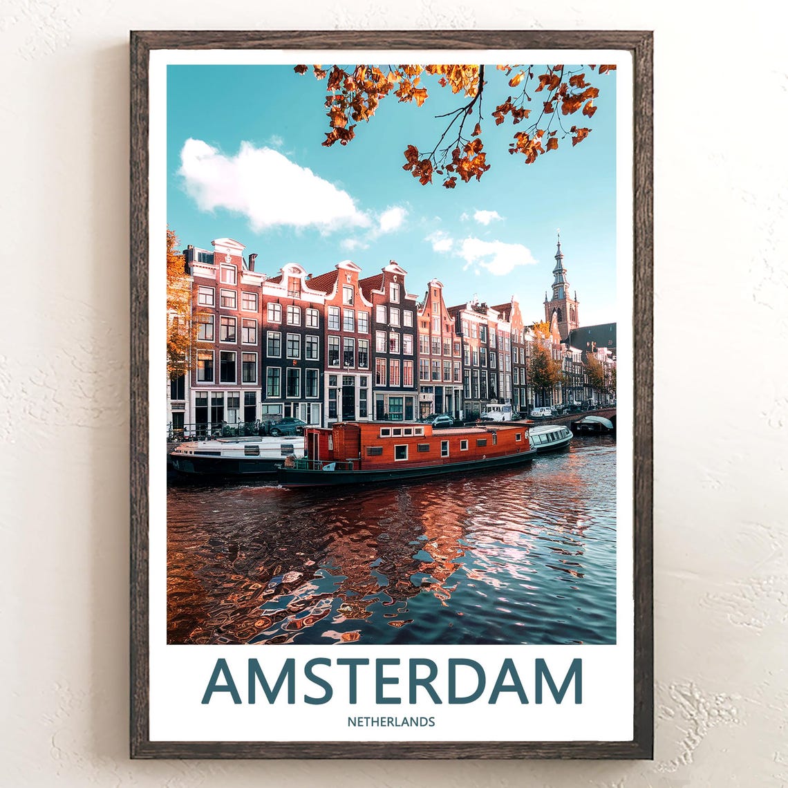 Amsterdam Canal Houseboats under Autumn Branches Photo Poster