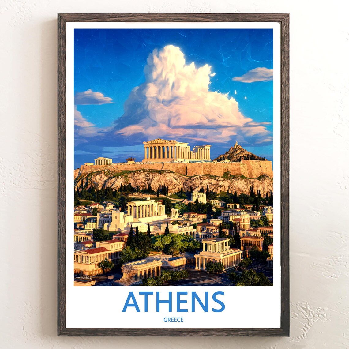 Athens Acropolis Sunset Cityscape Illustrated Travel Art Poster