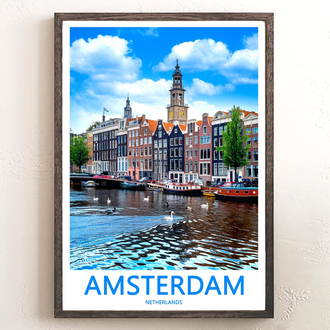 Amsterdam Riverside Row Houses with Swans Photo Travel Poster