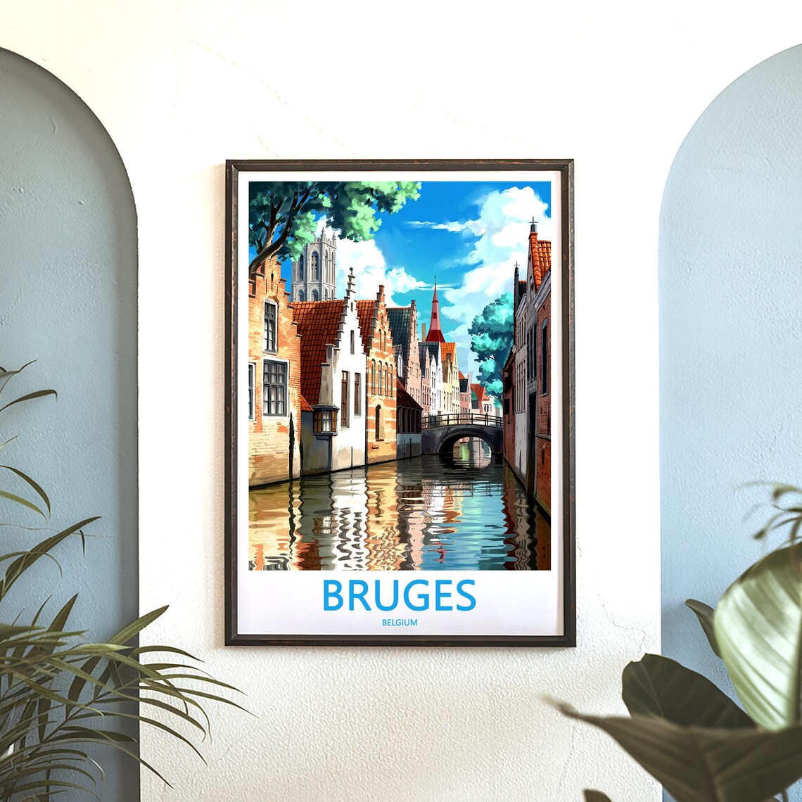 Bruges Sunny Canal Street with Brick Houses Belgium Travel Poster - Image 3
