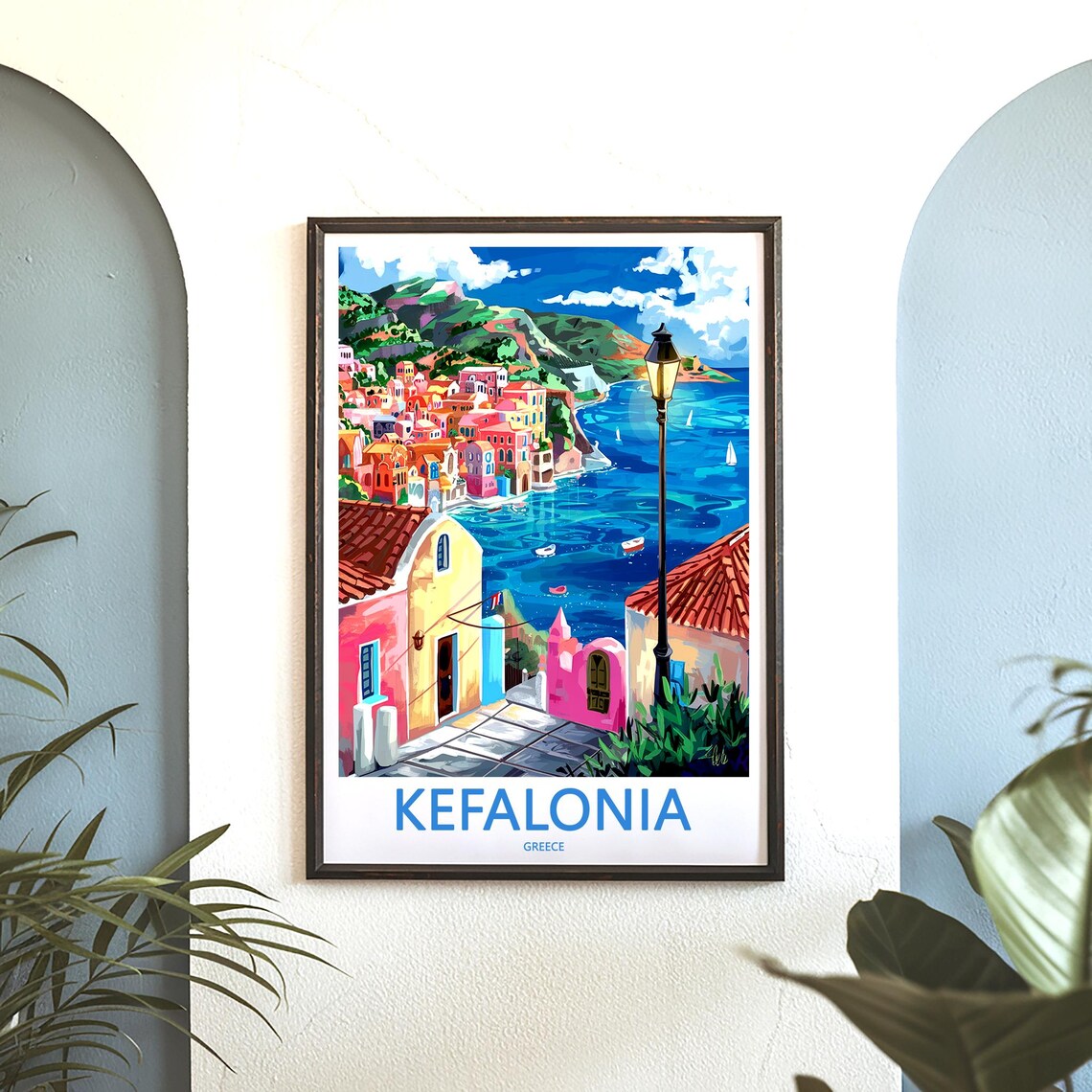 Kefalonia Greece Hillside Village Street Lamp Painted Poster - Image 3