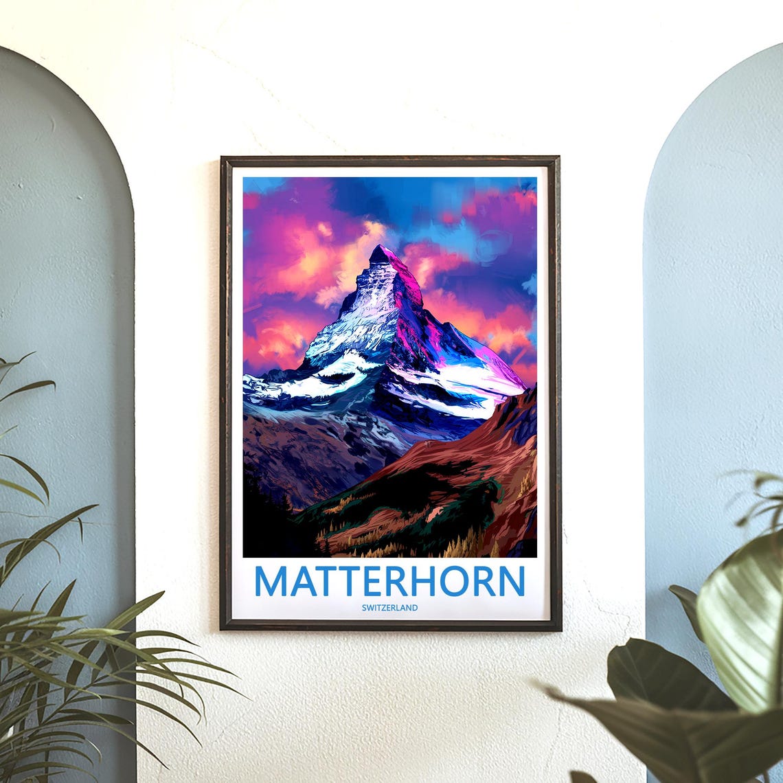 Matterhorn Sunset In Vivid Pink And Purple Painted Art Poster - Image 3